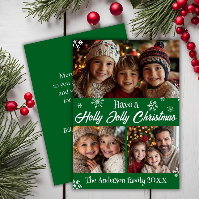 Grün-Weiß-Weihnachtsfamilien-Foto Feiertagskarte (Green And White Holly Jolly Christmas Family Photo Holiday Card
)