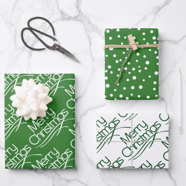 Grün, weiß Weihnachtstypografie und Weihnachtsfeie Geschenkpapier Set (Vorderseite)