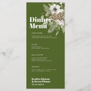 Grün & Weiß Winterwald Bouquet Moderne Hochzeit Menükarte