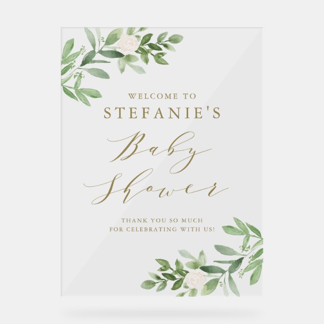 Grün Weiße Blume Gold Baby Dusche Willkommen Acrylschild (Vorderseite)