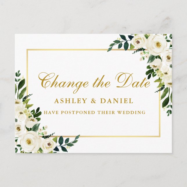 Grün weiße Blüten in Aquarellen ändern das Datum G Postkarte (Vorderseite)