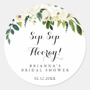Grün Weiße Florale Sip Sip Hooray Bridal Shower Runder Aufkleber