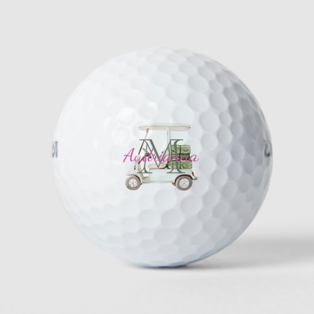 Grün Weiße Golfcart-Monogramm Golfball (Vorderseite)