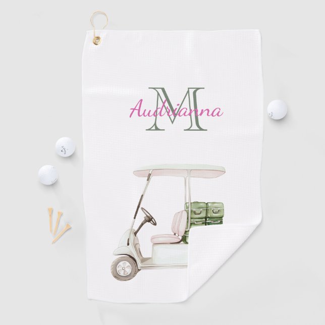 Grün Weiße Golfcart-Monogramm Golfhandtuch (Insitu)