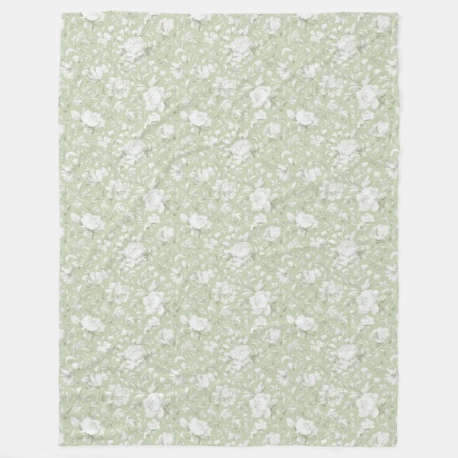 Grün Weiße Romantische Blumen   Fleecedecke (Vorderseite)