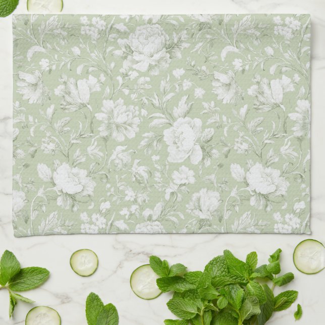 Grün Weiße Romantische Blumen   Geschirrtuch (Gefaltet)