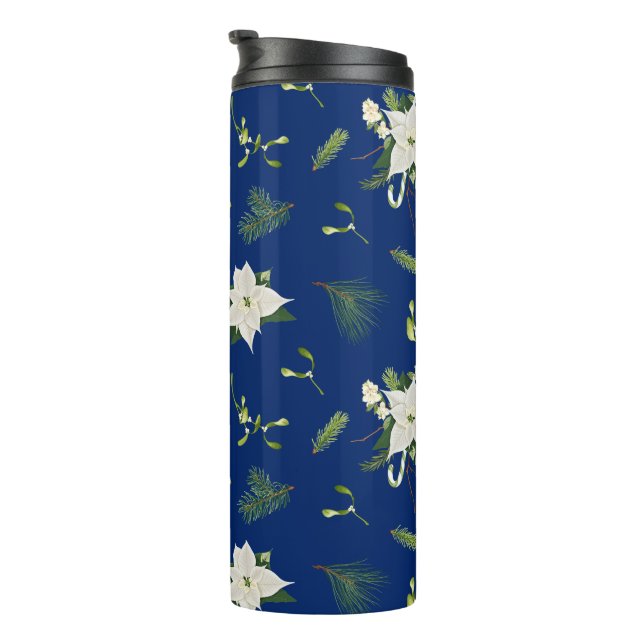 Grün-weißes Blumenmuster auf Navy Thermosbecher (Nach rechts gedreht)