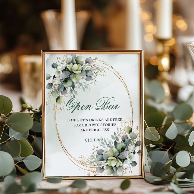 Grün-weißes botanisches Open-Bar-Tischschild Poster (Green White Botanical Open Bar Tabletop Sign)