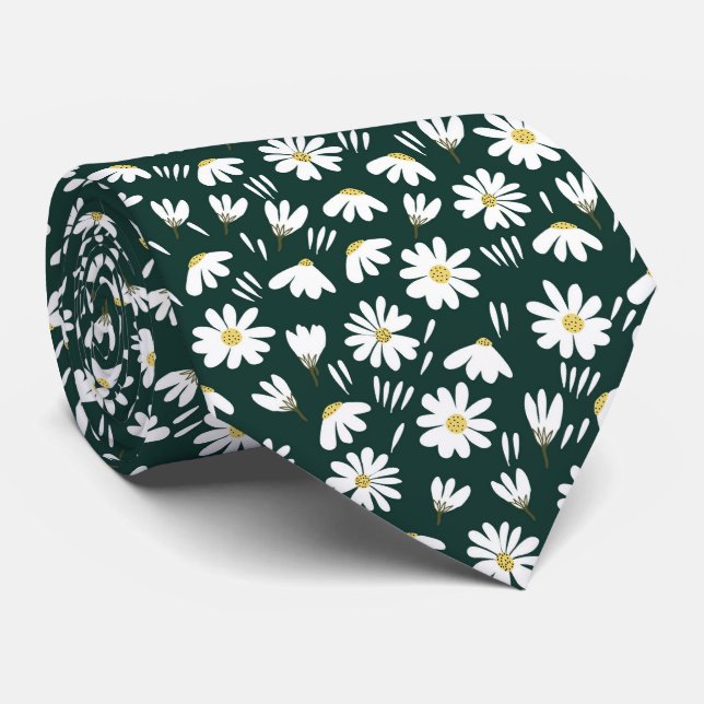 grün weißes Kamillen-Blumenmuster Krawatte (Gerollt)