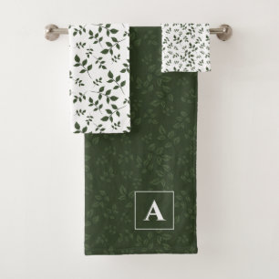 Grün weißes Muster Blätter Monogramm Badhandtuch Set