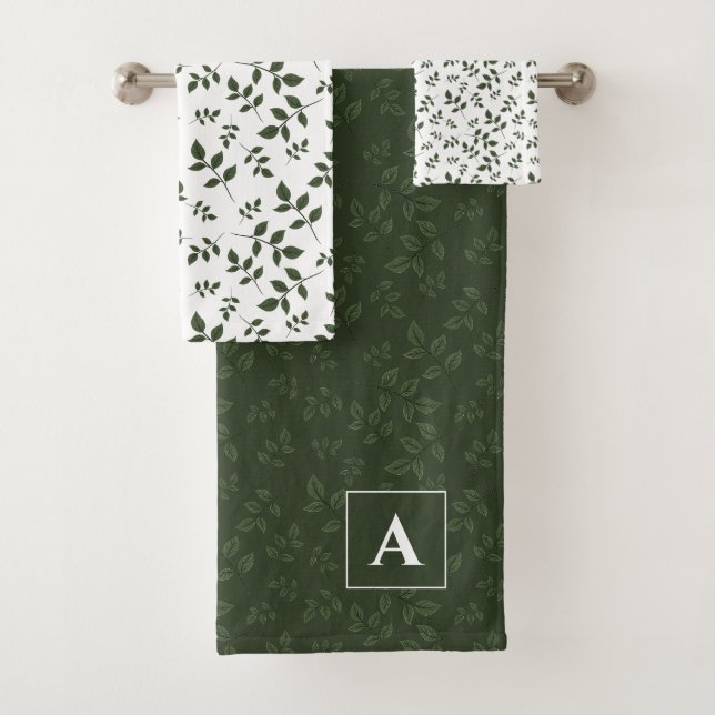 Grün weißes Muster Blätter Monogramm Badhandtuch Set (Insitu)