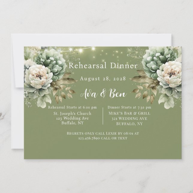 Grün weißes Peony Light Probe Dinner Einladung (Vorderseite)