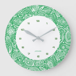 Grün-weißes vintage-blumen Paisley Große Wanduhr