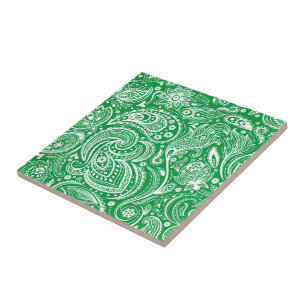 Grün-weißes vintage Blumen-Paisleymuster Fliese