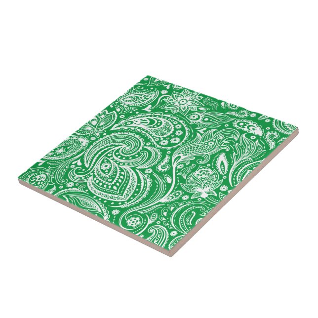 Grün-weißes vintage Blumen-Paisleymuster Fliese (Seite)