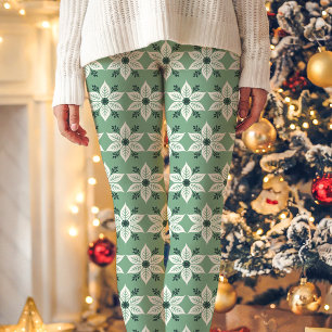 Grün-weißes Weihnachtsstern-Muster Weihnachten Leggings