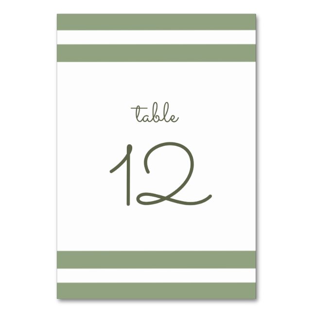 Grün | White Stripes Wedding Tischnummer Card (Vorderseite)