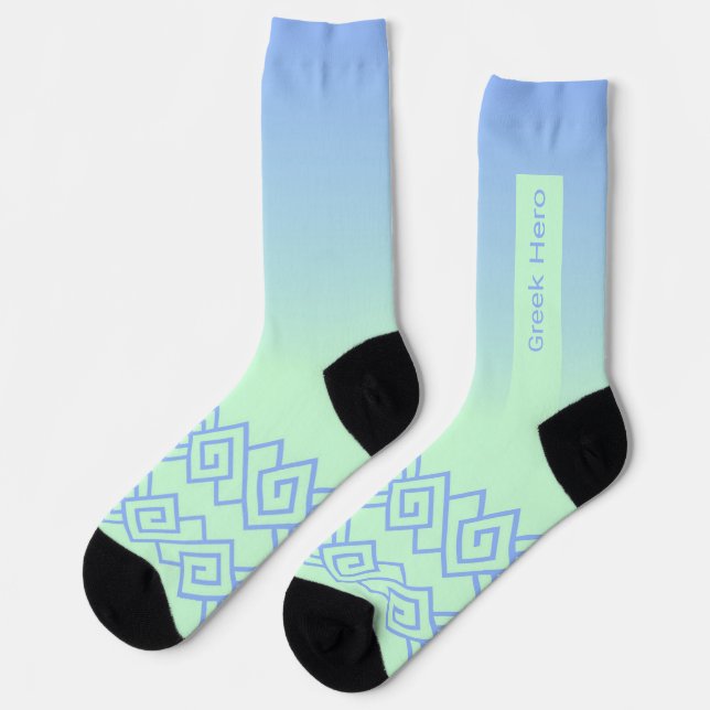 Grün zu Blau, Griechisches Muster, Name Socken (Linkes Detail)