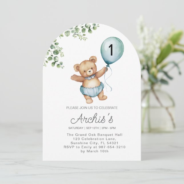Grünbär Geburtstagsfeier Einladung, erste Teddy Einladung (Stehend Vorderseite)
