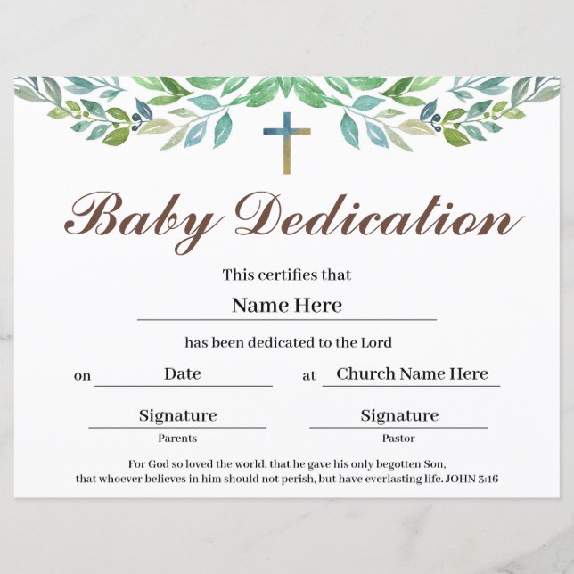 Grünblatt Baby Dedication Certificate (Vorderseite)