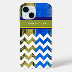 grünblau Mit Monogramm Zickzack Streifen iPhone 15 Hülle