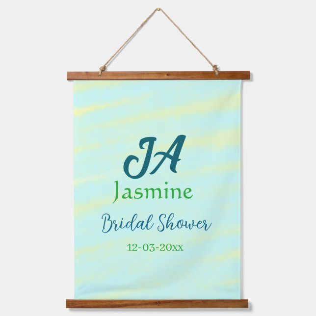 Grünblaue Pastell-Aquarell-Junggesellinnenabschied Wandteppich Mit Holzrahmen (Vorderseite)