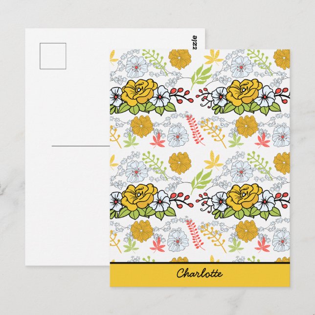 Grünblüte Blumenmuster personalisierter Name Postkarte (Vorne/Hinten)
