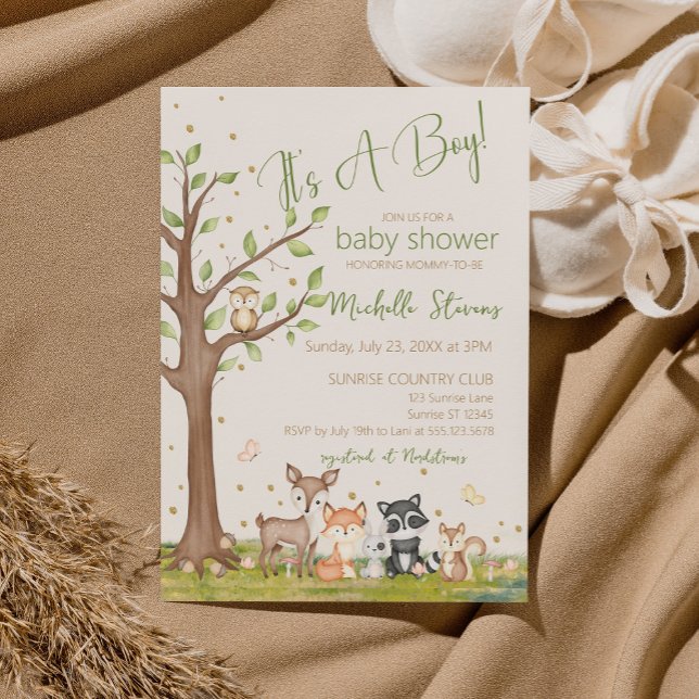 Grünbraune Boy Watercolor Waldtiere Einladung (Von Creator hochgeladen)