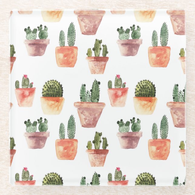 Grünbraunes Kaktusmuster Glasuntersetzer (Vorderseite)
