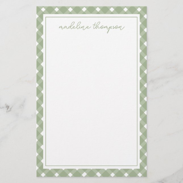 Grundlegende Gingham-Sagegrün-Rand Briefpapier (Vorderseite)
