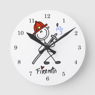 Grundlegende Stäbchenfigur Feuerwehrmann T-Shirts Runde Wanduhr