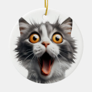 GRUNDLEGENDE, WEISS UND GRAU ÜBERRASCHTE KATZE KERAMIK ORNAMENT