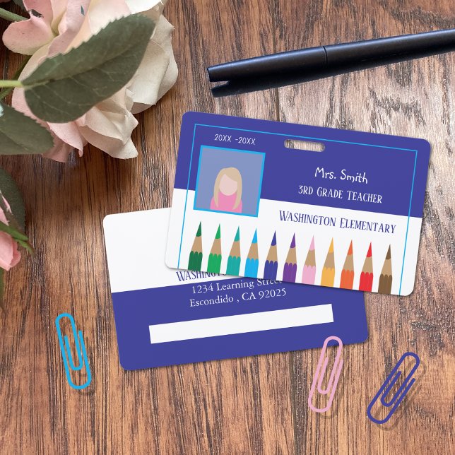 Grundschullehrer Blue Foto ID Abzeichen Ausweis (Elementary school teacher blue and white horizontal photo ID badge.)