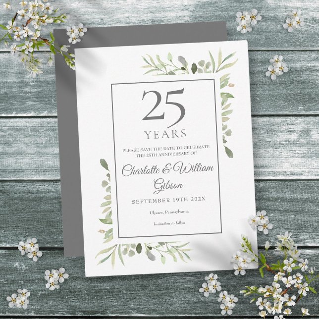 Grüne 25. Hochzeitstag Save the Date Ankündigungspostkarte (Greenery 25th Wedding Anniversary Save the Date Announcement Postcard)
