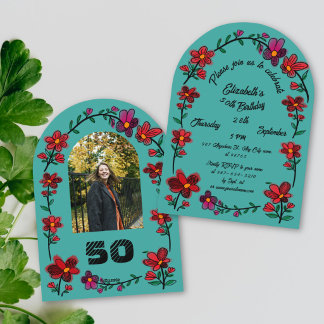 Grüne 50. Geburtstagsfeier Skurril Doodle Blumen Einladung