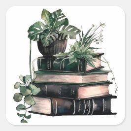 Grüne akademische Bücher und Pflanze Quadratischer Aufkleber
