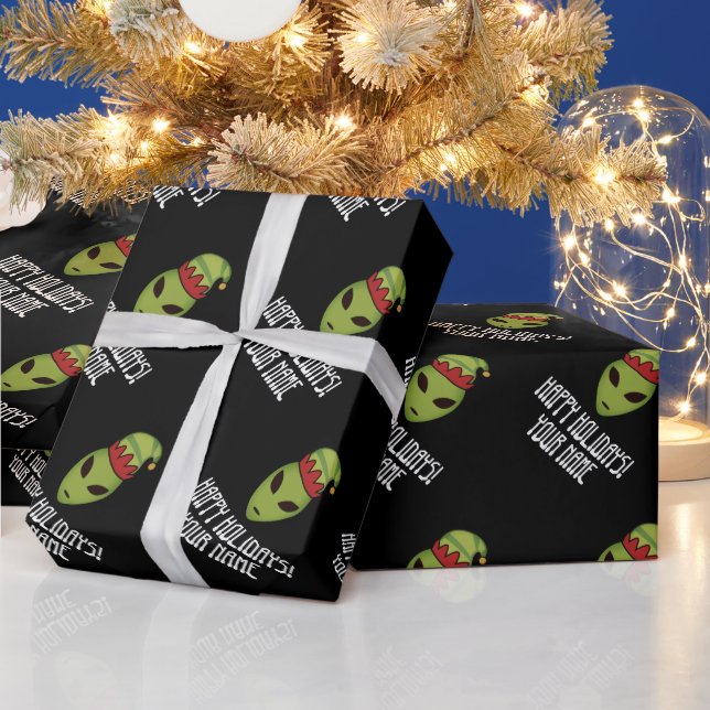 Grüne Alien elf Kopf schwarz Weihnachten Geschenkpapier (Feiertage)