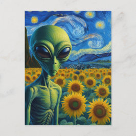 Grüne Alien in Imitaten Van Gogh Sonnenblumen-Feld Postkarte