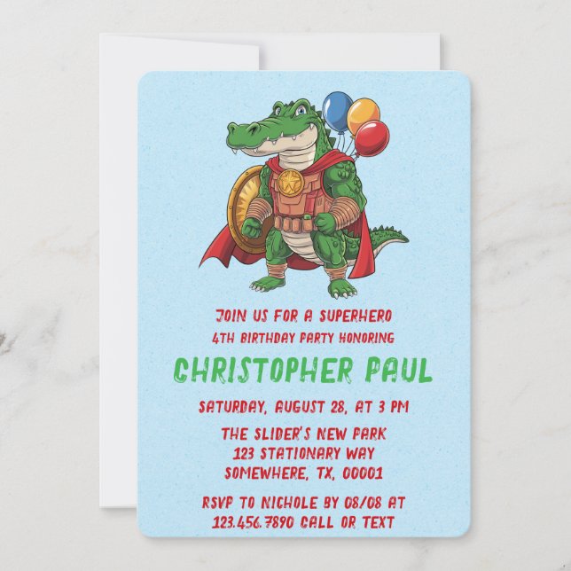Grüne Alligatorin Superheldin Geburtstagspartei Einladung (Vorderseite)