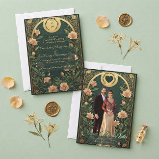 Grüne Alphonse Mucha Gold Elfenbein Bogen Hochzeit Save The Date