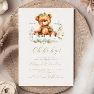 Grüne Aquarell-Eukalyptus-Teddybär-Baby-Party Einladung