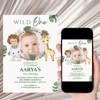 Grüne Aquarell-Jungle Wilder Erster Geburtstag Einladung