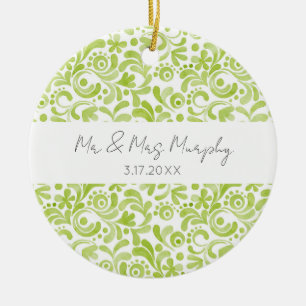 Grüne Aquarell-Kunst-Hochzeit NAME DATUM Andenken Keramik Ornament