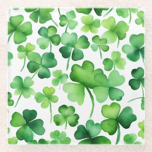 Grüne Aquarell-Shamrock Glasuntersetzer (Vorderseite)