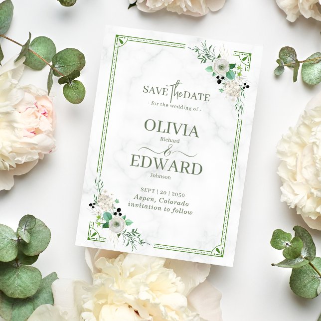 Grüne Aquarellblüte mit Marmorhochzeit Save The Date (Von Creator hochgeladen)