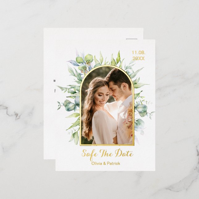 Grüne Aquarelleukalyptus mit Foto-Folie f Folie Einladungspostkarte (Vorderseite/Rückseite)