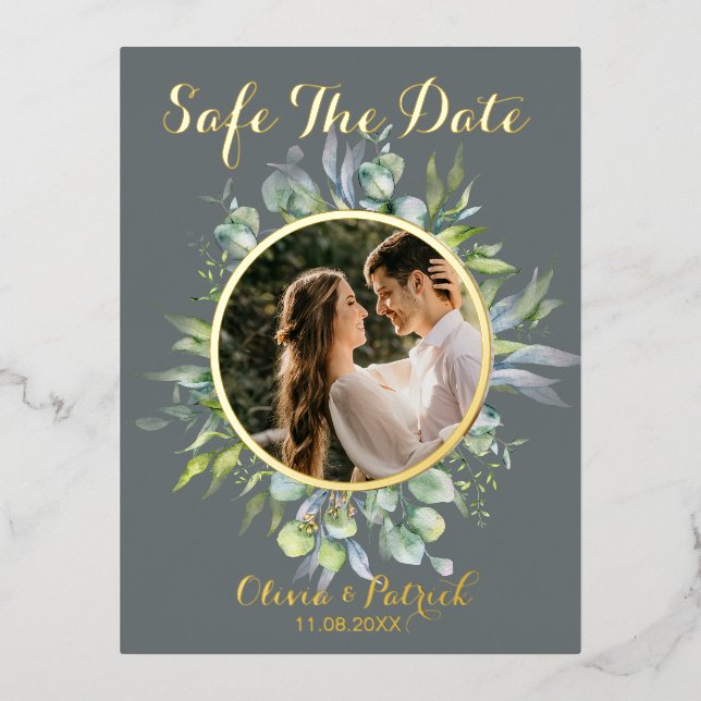 Grüne Aquarelleukalyptus mit Foto-Folie in Folie Einladungspostkarte (Vorderseite)