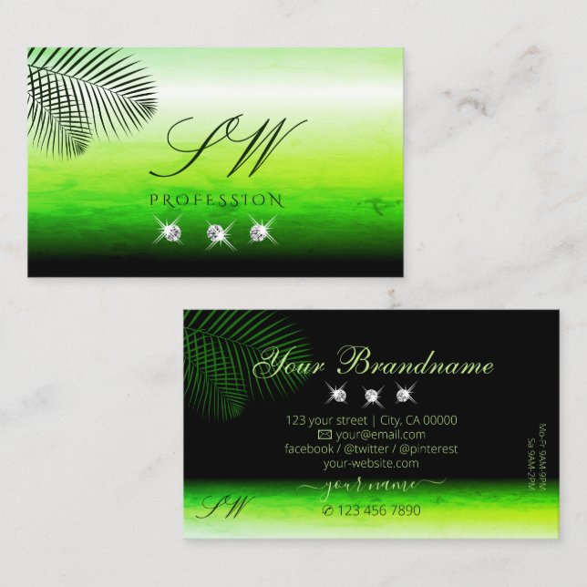 Grüne Aquarellfarben Palm Blätter Diamonds Monogra Visitenkarte (Vorne/Hinten)
