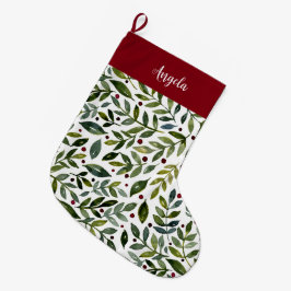 Grüne Aquarellfarben Saisonzweige und Beeren Großer Weihnachtsstrumpf