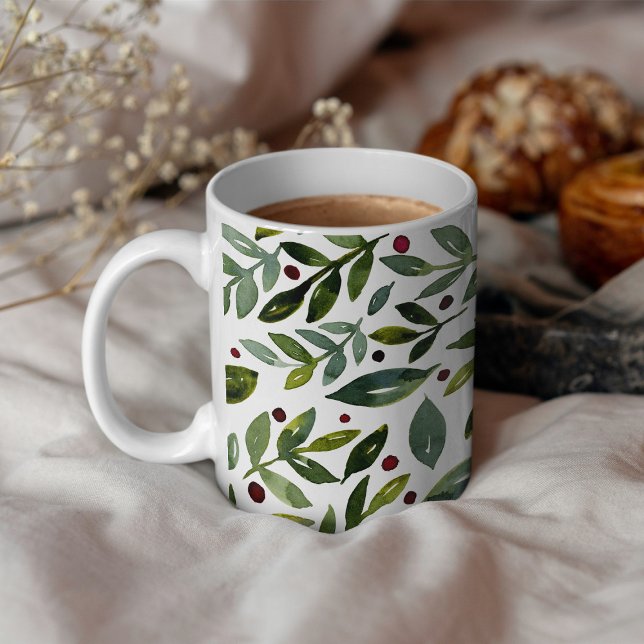 Grüne Aquarellfarben Saisonzweige und Beeren Kaffeetasse (Von Creator hochgeladen)